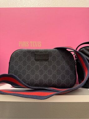 Gucci Black GG Canvas Crossbody with Red and Navy Web Strap